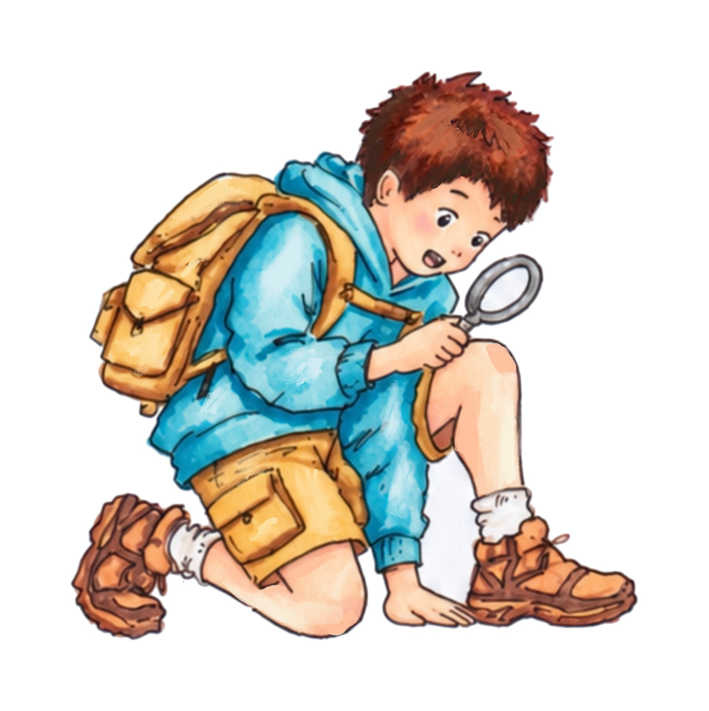 Kintaro crouching with a magnifying glass, studying the ground