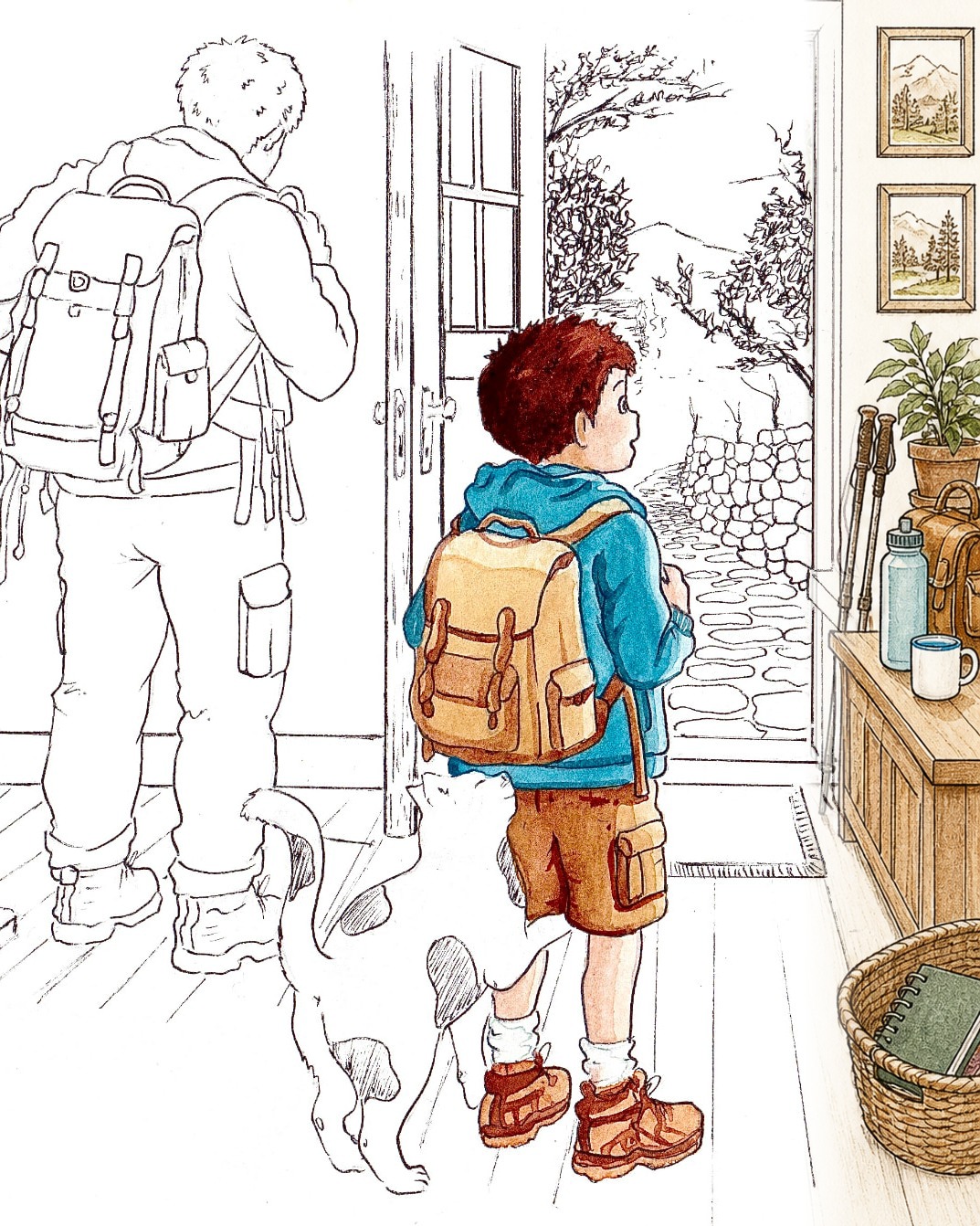 Ink and watercolour: Kintaro in his blue jacket and packed backpack stands at the open doorway, his spotted cat rising on its hind legs at his boots, while his parents get ready beside him