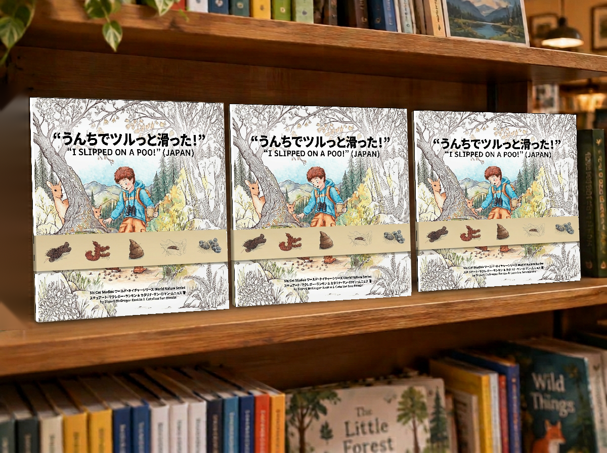 Sample shelf display with three large outward-facing I Slipped On A Poo paperbacks