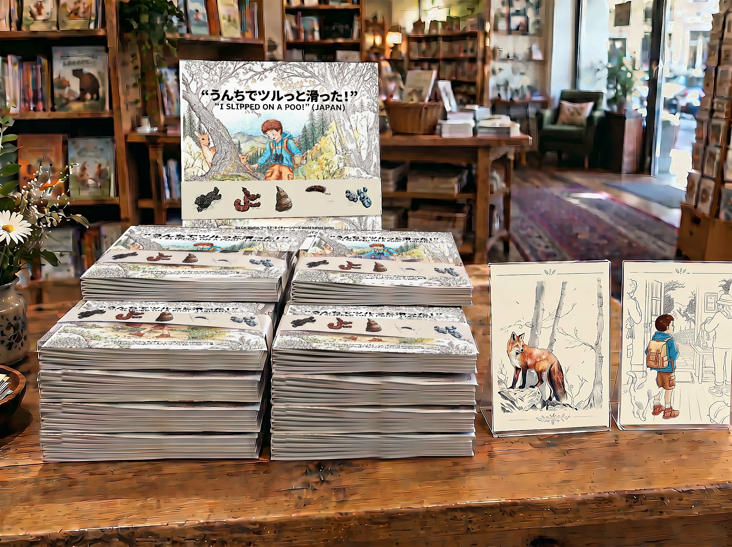 Sample front-and-centre tabletop display with I Slipped On A Poo paperbacks and illustrated shelf-talkers